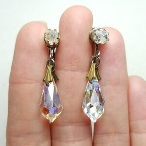 Vintage AB Faceted Glass Drop Dangle Clip On Earrings, Retro Sparkle, Estate